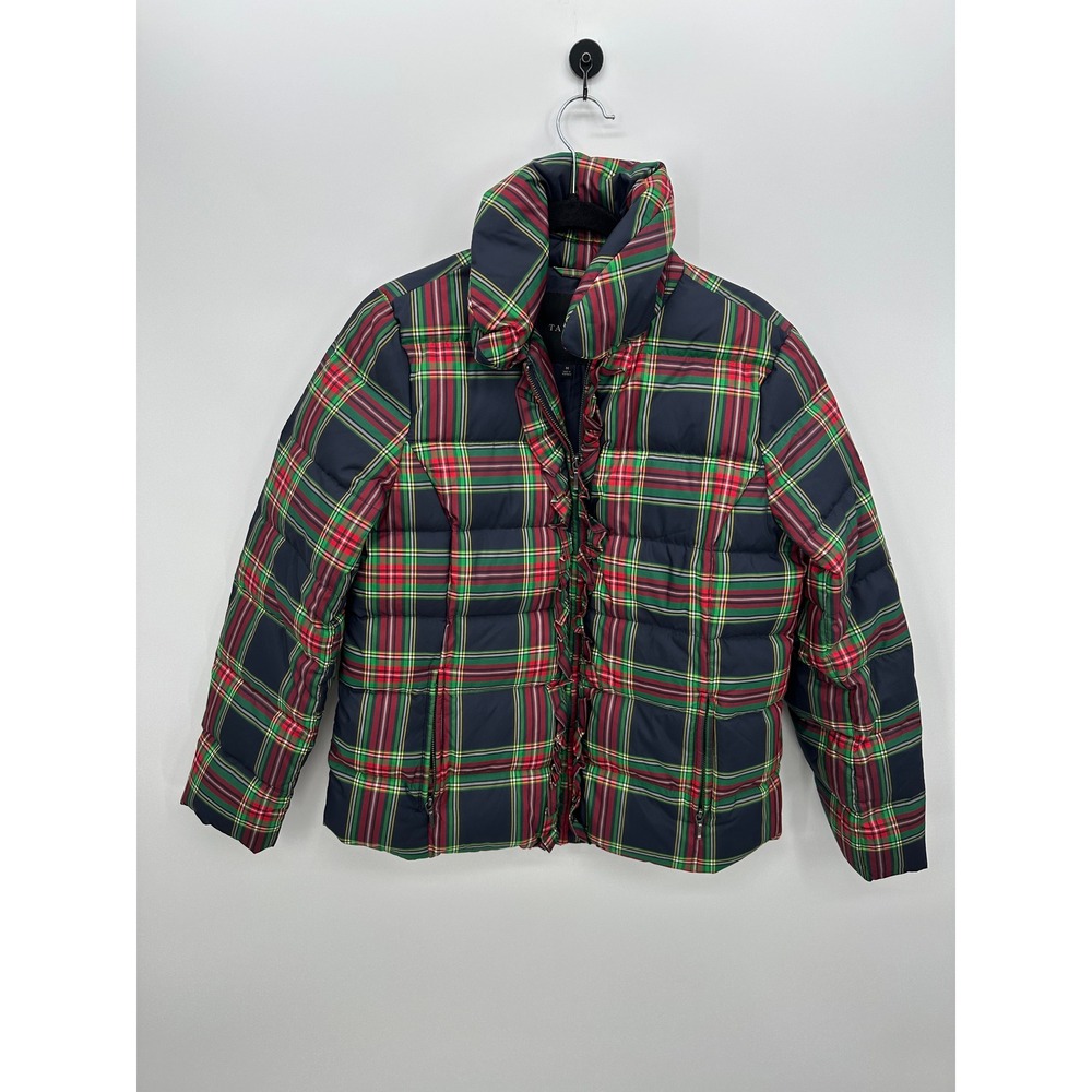 Talbots Womens Plaid Puffer Jacket Red Green Tartan Ruffle Trim Down Fill Sz M